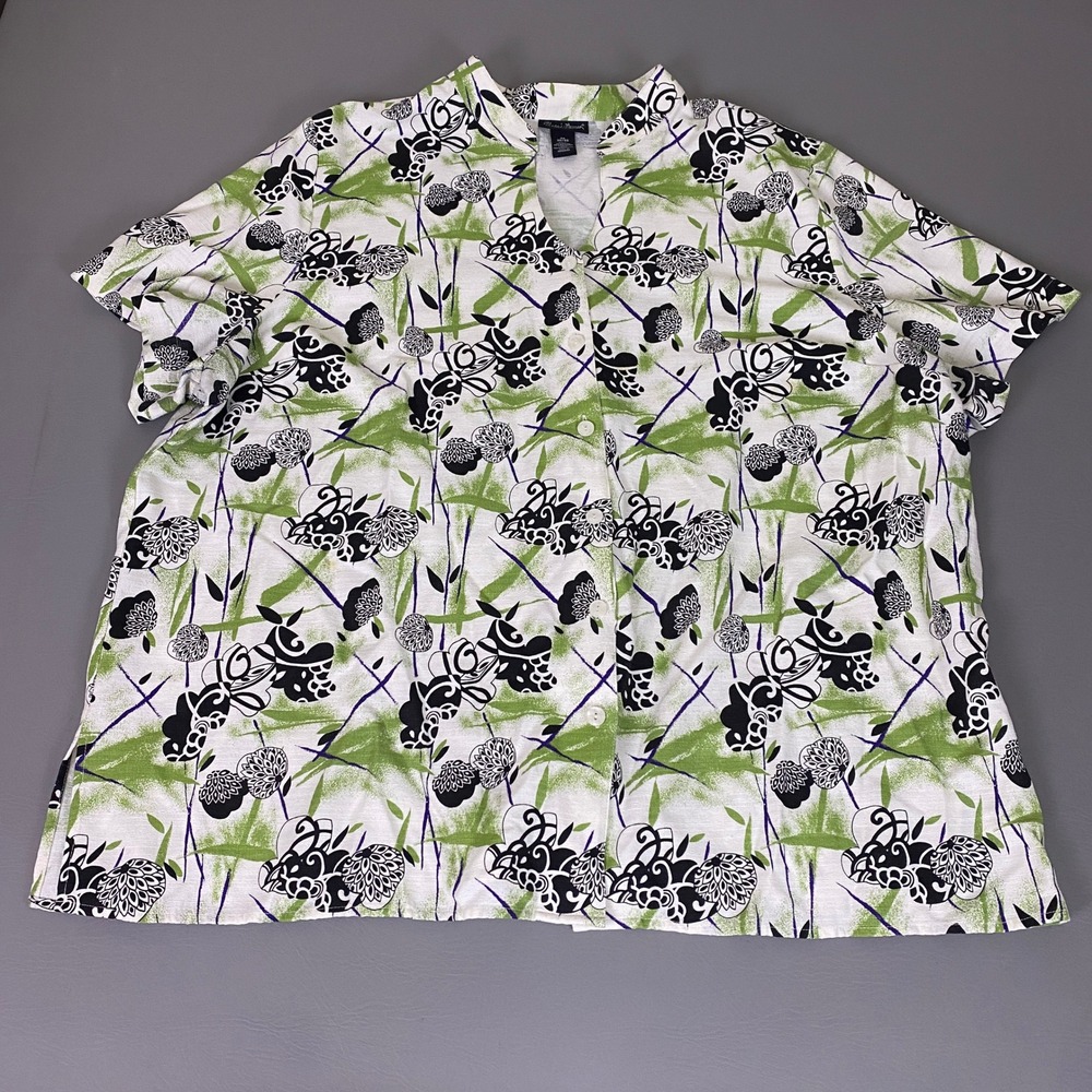 Maggie Barnes Button Up Shirt Blouse Women's 4X‎ Plus Size Green Black Floral